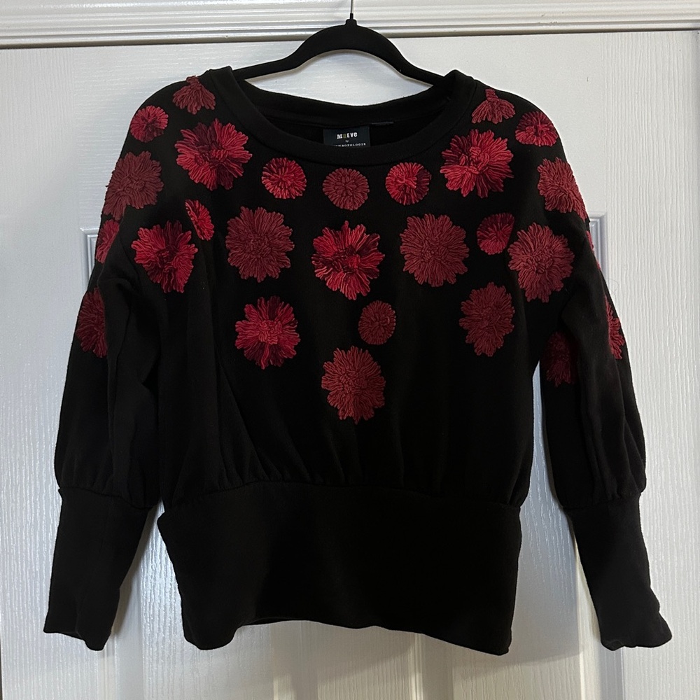 Maeve by Anthropologie Black Sweatshirt with Red Floral Embellishments